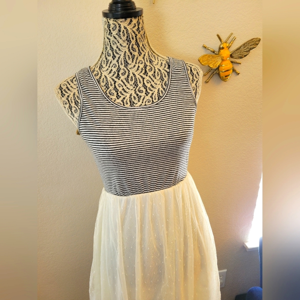 Vintage 90's Black & White Striped Cotton & Tulle Dress (Size Small)